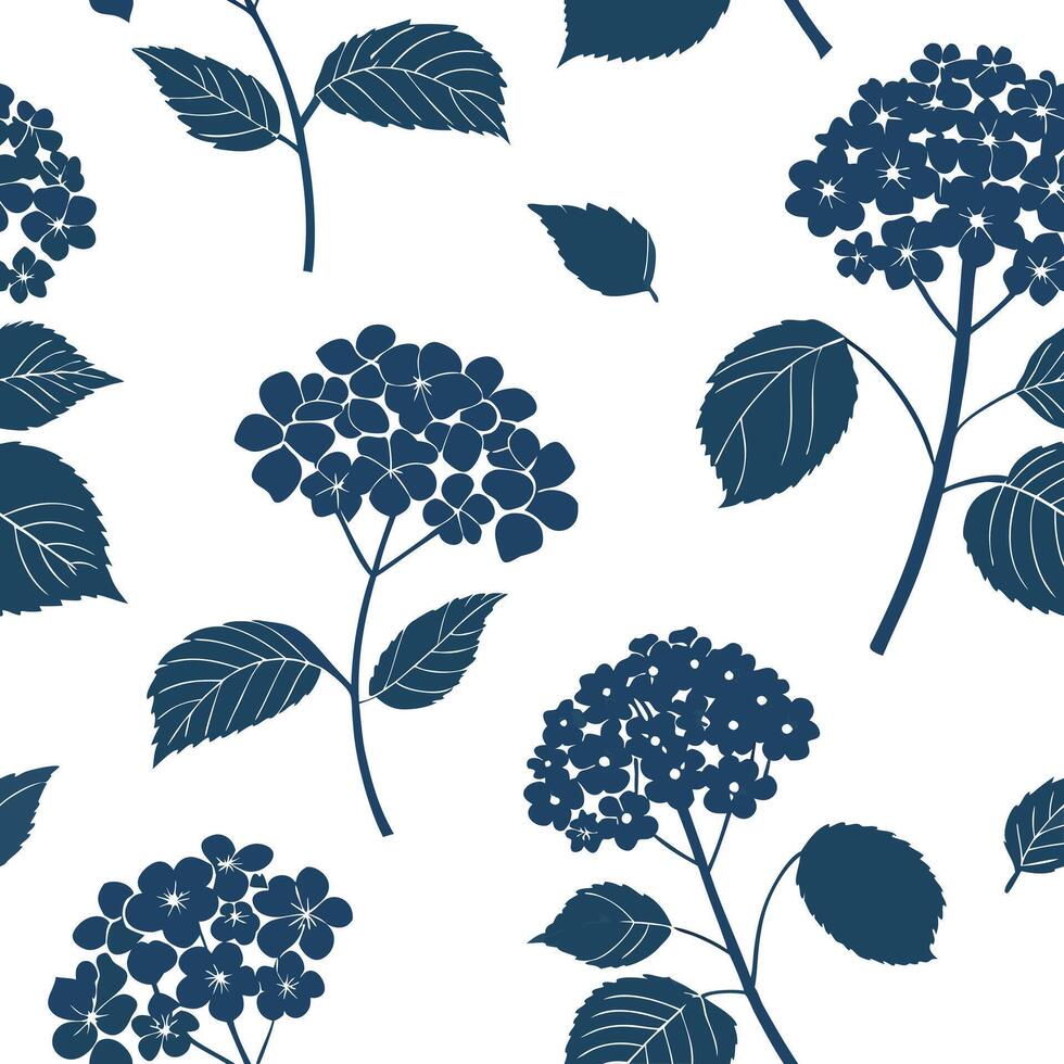 Flat Botanical garden hydrangea seamless tile pattern with various hydrangea species in natural blues on white background perfect for serene spaces concept as Various hydrangea spe flat vector