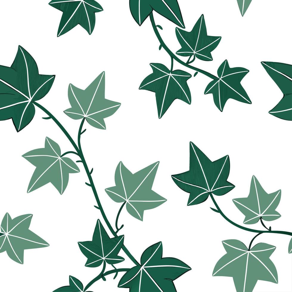 Flat Botanical garden ivy seamless tile pattern with various ivy species in natural greens on white background perfect for serene spaces concept as Various ivy species in natural g flat vector