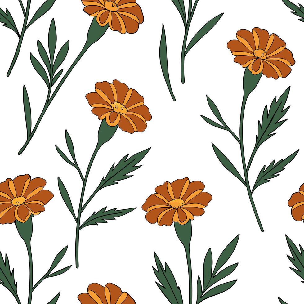Flat Botanical garden marigold seamless tile pattern with various marigold species in natural oranges on white background perfect for serene spaces concept as Various marigold spec flat vector