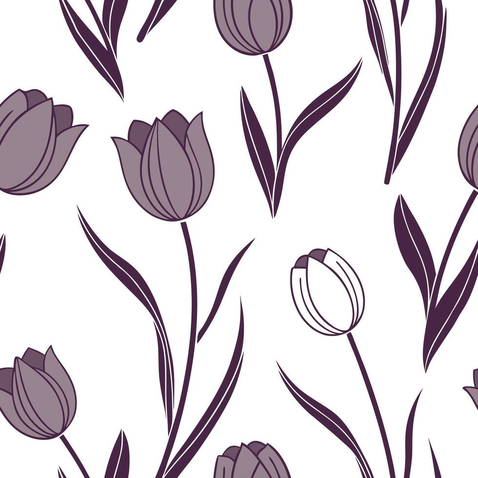 Flat Botanical garden tulip seamless tile pattern with various tulip species in natural purples on white background perfect for serene spaces concept as Various tulip species in na flat vector