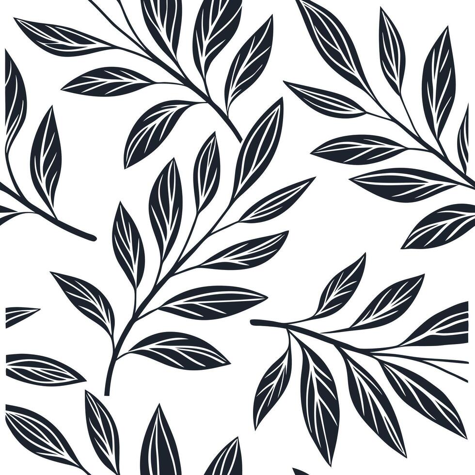 Flat Botanical illustration leaf repeat seamless tile pattern with detailed leaf drawings and monochromatic palette for elegant spaces concept as Detailed leaf drawings with monoch flat vector