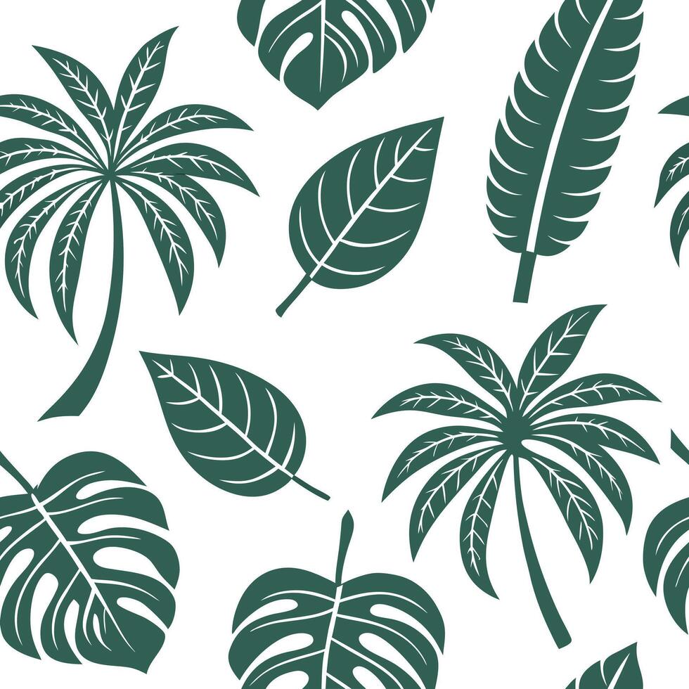 Flat Botanical illustration tropical leaves seamless tile pattern with detailed monstera and palm drawings and monochromatic green palette for elegant spaces concept as Detailed mo flat vector