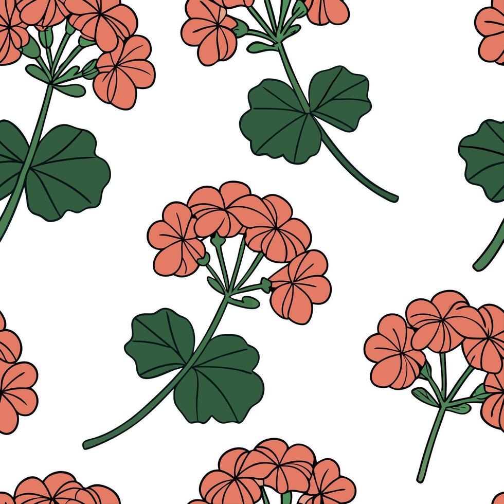 Flat Botanical geranium seamless pattern with detailed petals and green stems on white background concept as Detailed botanical geraniums with lush green stems creating a rich seam flat vector