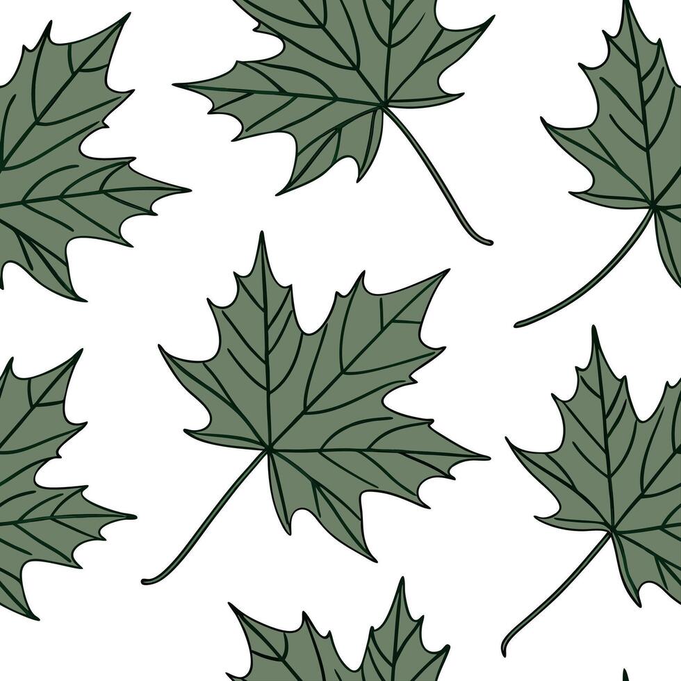 Flat Botanical maple leaves seamless pattern with detailed textures and green stems on white background concept as Detailed botanical maple leaves with lush green stems creating a flat vector