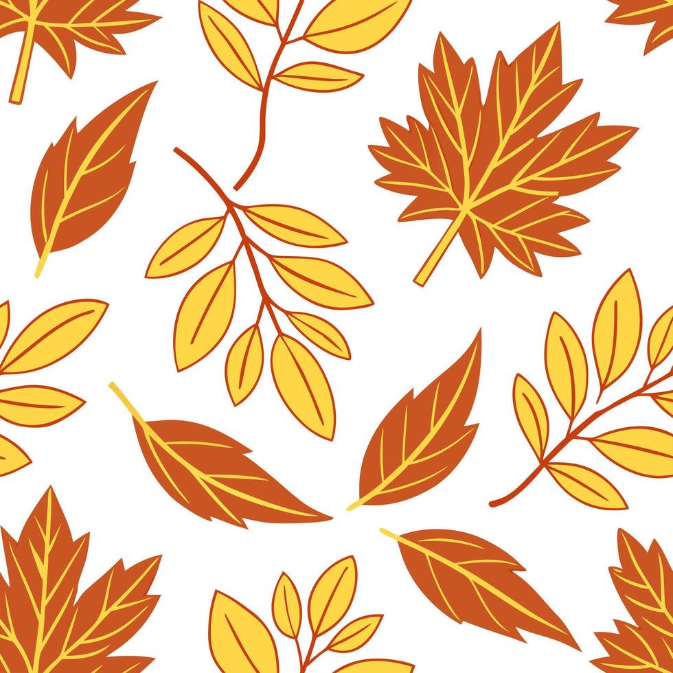 Flat Bright autumn seamless pattern with vivid orange yellow and brown leaves for a bold seasonal look concept as Bold autumn pattern with vivid orange yellow and brown leaves for flat vector
