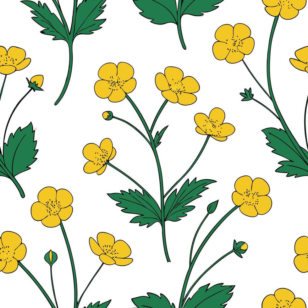 Flat Bright buttercup seamless tile pattern with vibrant yellow blooms arranged symmetrically on white background concept as Symmetrical arrangement of vibrant yellow buttercups cr flat vector