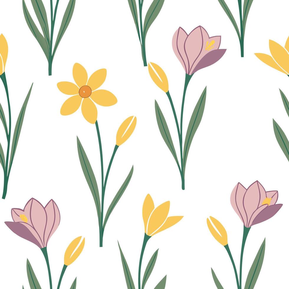 Flat Bright and fresh spring pastel seamless pattern with crocuses and daffodils for lively outdoor spaces concept as Fresh crocuses and daffodils arranged in bright pastel colors flat vector