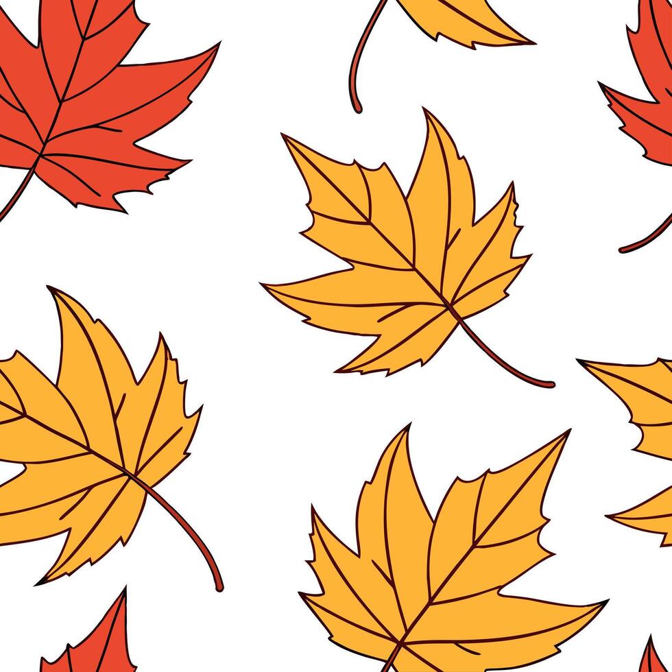 Flat Bright autumn leaves seamless pattern with vivid orange red and yellow leaves for a bold autumn atmosphere concept as Bold autumn leaves pattern with vivid orange red and yell flat vector