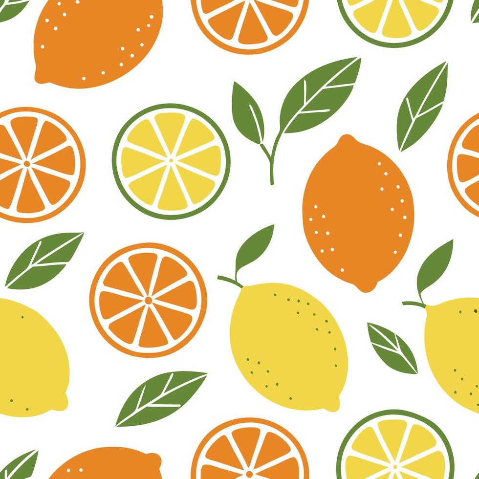 Flat Bright citrus fruits seamless tile pattern with oranges lemons and limes in vibrant shades concept as Oranges lemons and limes create a bright lively seamless tile pattern fil flat vector