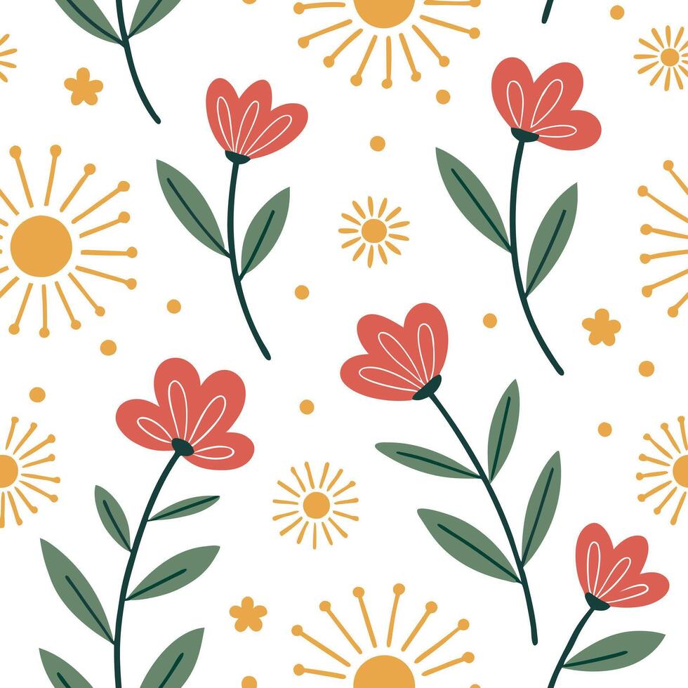 Flat Bright spring sunshine seamless pattern with golden light and vivid flowers for a cheerful vibrant spring design concept as Vivid spring sunshine pattern with golden light and flat vector