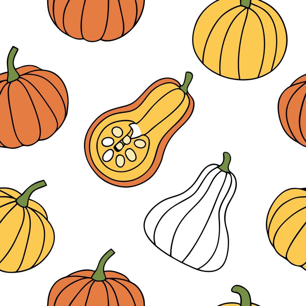 Flat Bright autumn harvest seamless pattern with colorful pumpkins squashes and gourds for a festive fall look concept as Festive autumn harvest pattern with colorful pumpkins squa flat vector