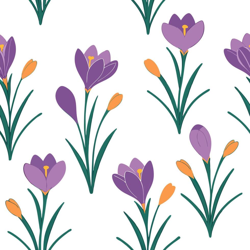 Flat Bright spring garden seamless pattern with crocuses and hyacinths for cheerful garden spaces concept as Cheerful spring garden design featuring crocuses and hyacinths seamless flat vector