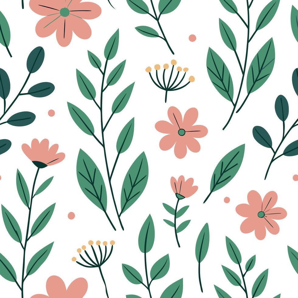 Flat Bright spring nature seamless pattern with bold blooms and green leaf backgrounds for lively garden projects concept as Bright spring floral pattern featuring bold blooms and flat vector