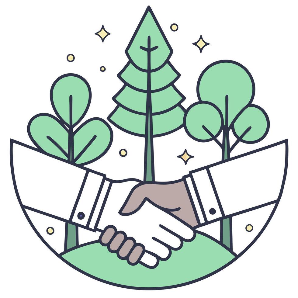 Flat Business handshake merging into a forest with bokeh lights concept as A soft abstract image showing two hands shaking seamlessly blending into a lush forest with gentle bokeh flat vector