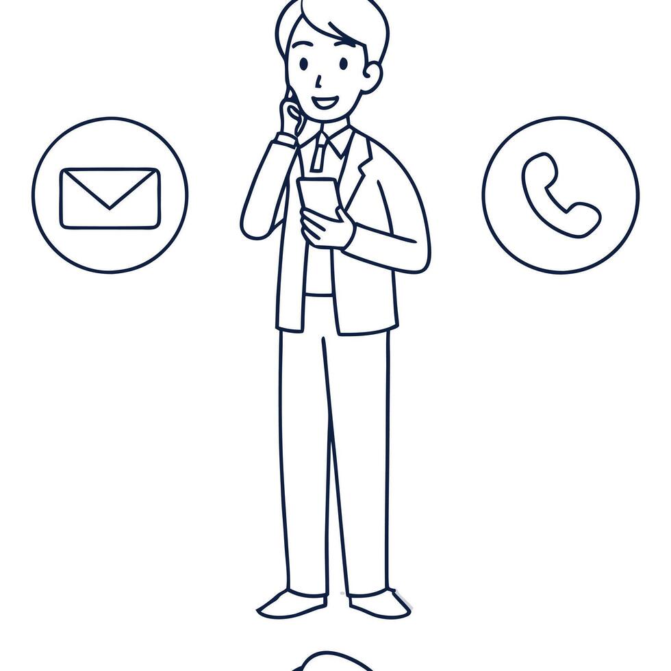Flat Businessman holds mobile smartphone with contact icons mail phone email symbolizes customer support and workplace connectivity concept as Highlights seamless communication flat vector