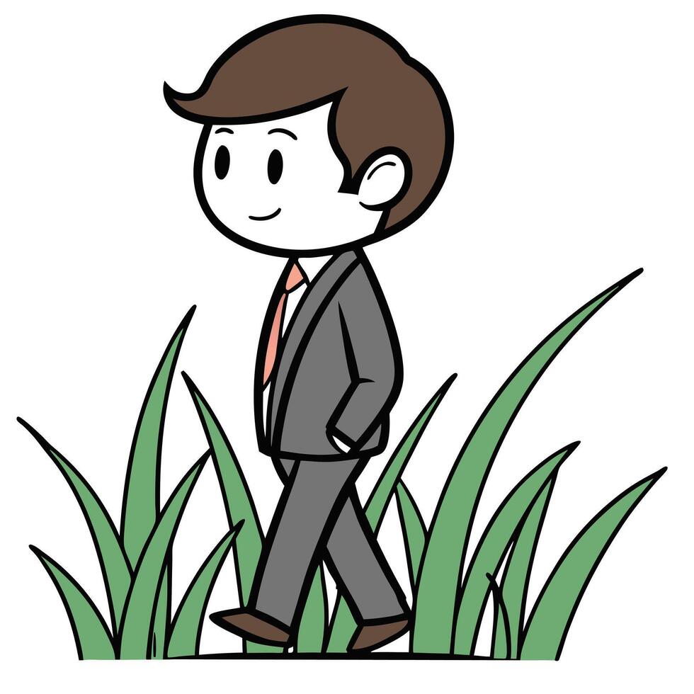 Flat Businessmans suit blending into field of grass with copy space concept as A glossy image where the lower part of a businessmans suit seamlessly blends into a field of grass on flat vector