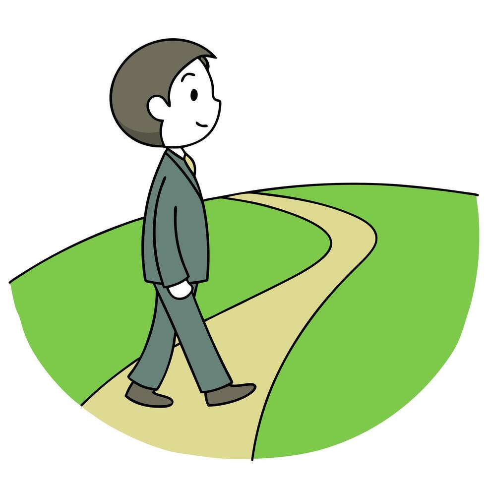 Flat Business person walking on a path merging into a green field concept as A silhouette of a business person walking on a path that seamlessly blends into a vibrant green field s flat vector