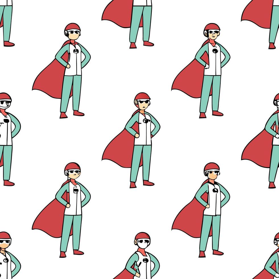 Flat Cartoon Doctor Heroes concept as Create a seamless pattern of cartoon style medical professionals in superhero poses Camera zooms in on individual heroes showcasing the impor flat vector