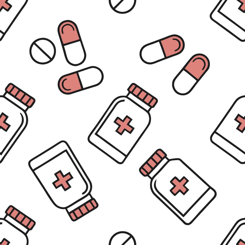 Flat Cartoon Medicine Tiles concept as Design a seamless background of cartoon style medicine bottles and pills Camera zooms out to show the full pattern emphasizing the importanc flat vector