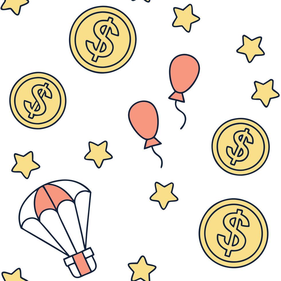 Flat Cartoon style tiles with floating dollar signs and promotional icons concept as A vibrant cartoon style seamless tile design featuring floating dollar signs and various promot flat vector