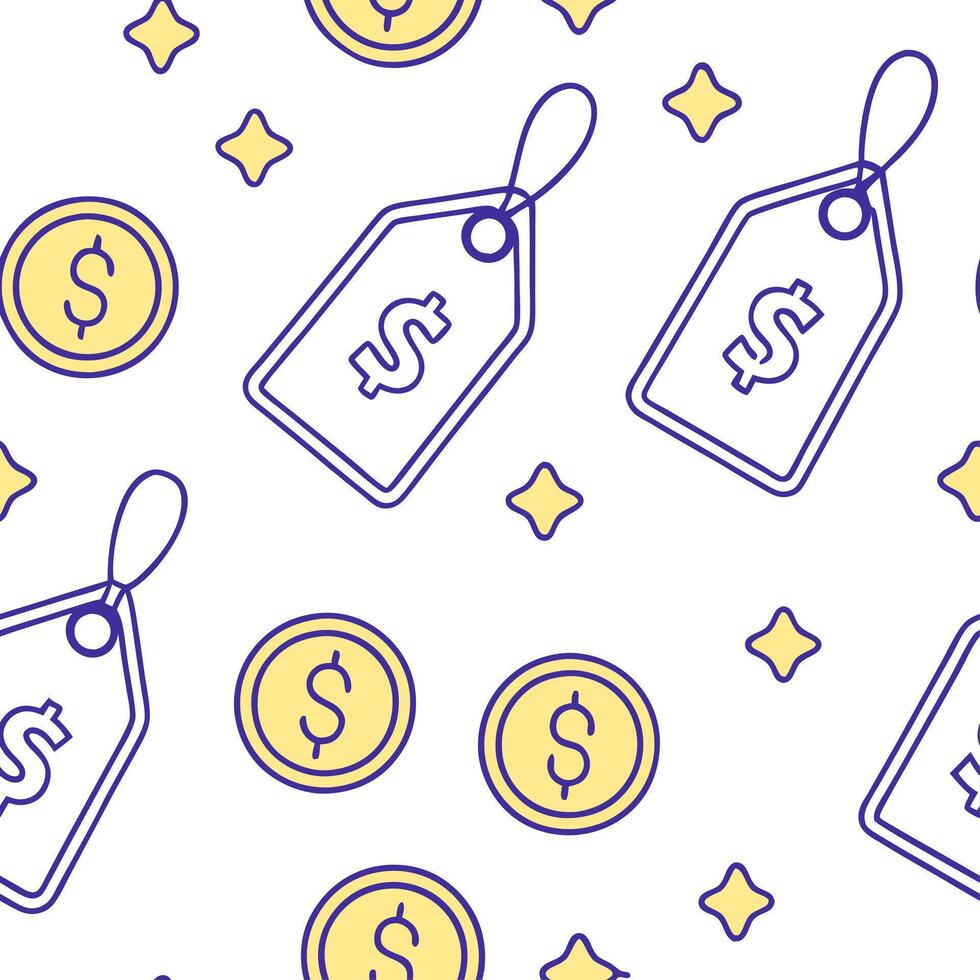 Flat Cartoon seamless tiles with floating discount signs and currency icons concept as A vibrant cartoon style seamless tile pattern featuring floating discount signs and various c flat vector