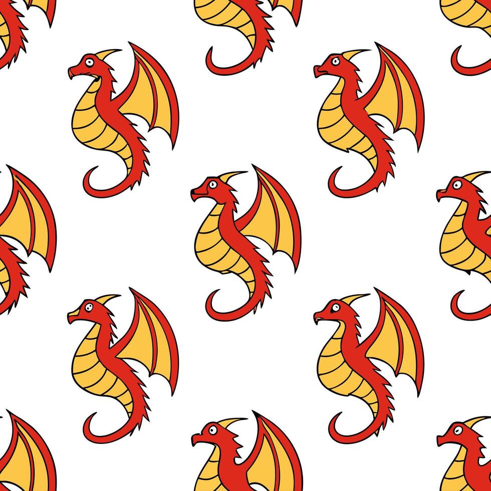 Flat Chinese dragons and phoenixes seamless tile pattern with vibrant reds and golds for festive decor concept as Vibrant red dragons and golden phoenixes arranged seamlessly for f flat Set 2 vector
