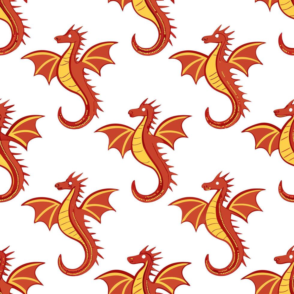 Flat Chinese dragons and phoenixes seamless tile pattern with vibrant reds and golds for festive decor concept as Vibrant red dragons and golden phoenixes arranged seamlessly for f flat vector