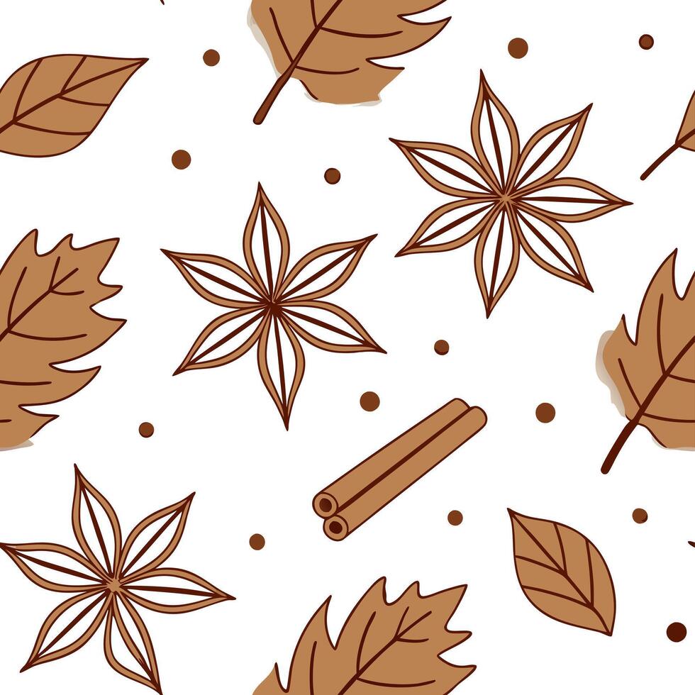 Flat Cinnamon and spice seamless tile pattern with autumn leaves and warm earth tones for cozy seasonal decor concept as Autumn leaves and spice elements like cinnamon arranged sea flat vector