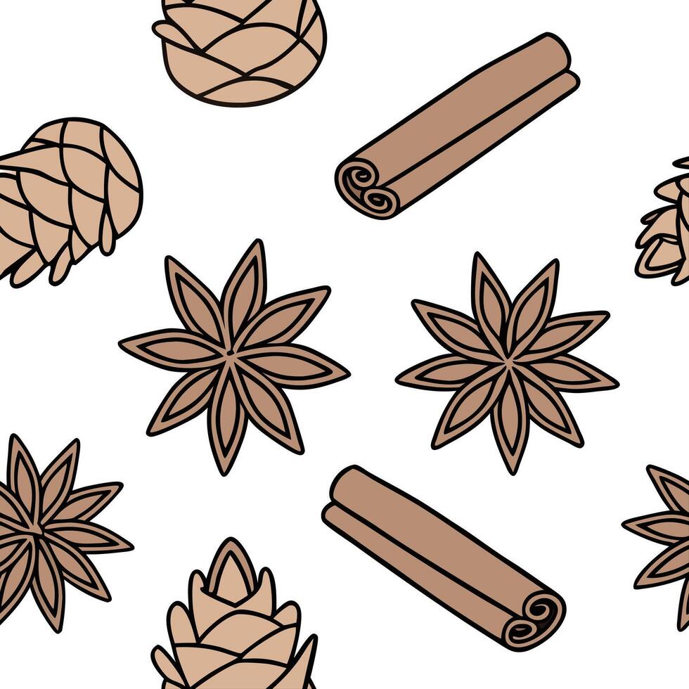 Flat Cinnamon stick and pinecone seamless tile pattern with earthy tones for rustic autumn home accents concept as Earthy tones of cinnamon sticks and pinecones arranged seamlessly flat vector