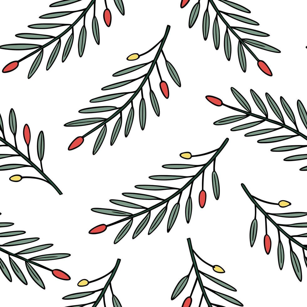 Flat Christmas trees seamless tile pattern with snow covered branches and festive lights for holiday decor concept as Snow covered Christmas tree branches and festive lights arrang flat vector