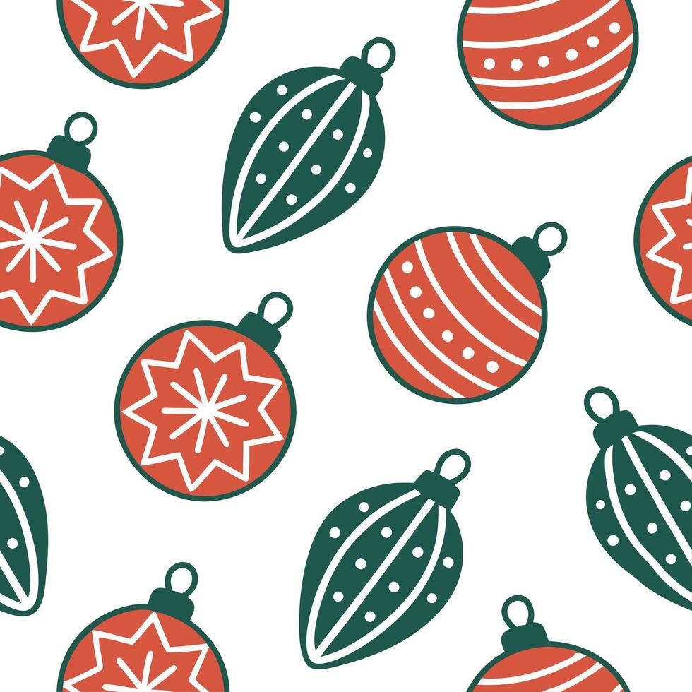 Flat Christmas ornaments seamless tile pattern with festive red and green decorations for holiday decor concept as Festive red and green Christmas ornaments arranged seamlessly to flat vector