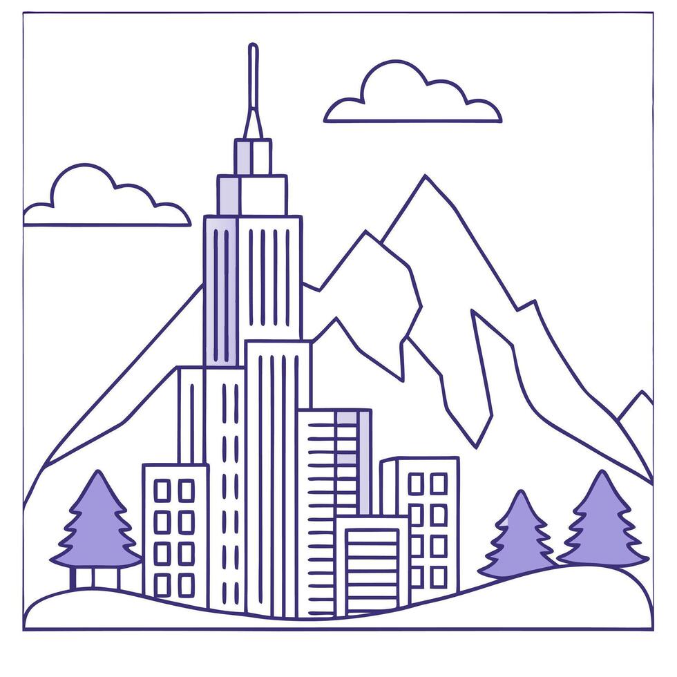 Flat Cityscape blending into a mountain range with soft colors concept as An image where a cityscape seamlessly blends into a mountain range with soft colors symbolizing harmony be flat vector