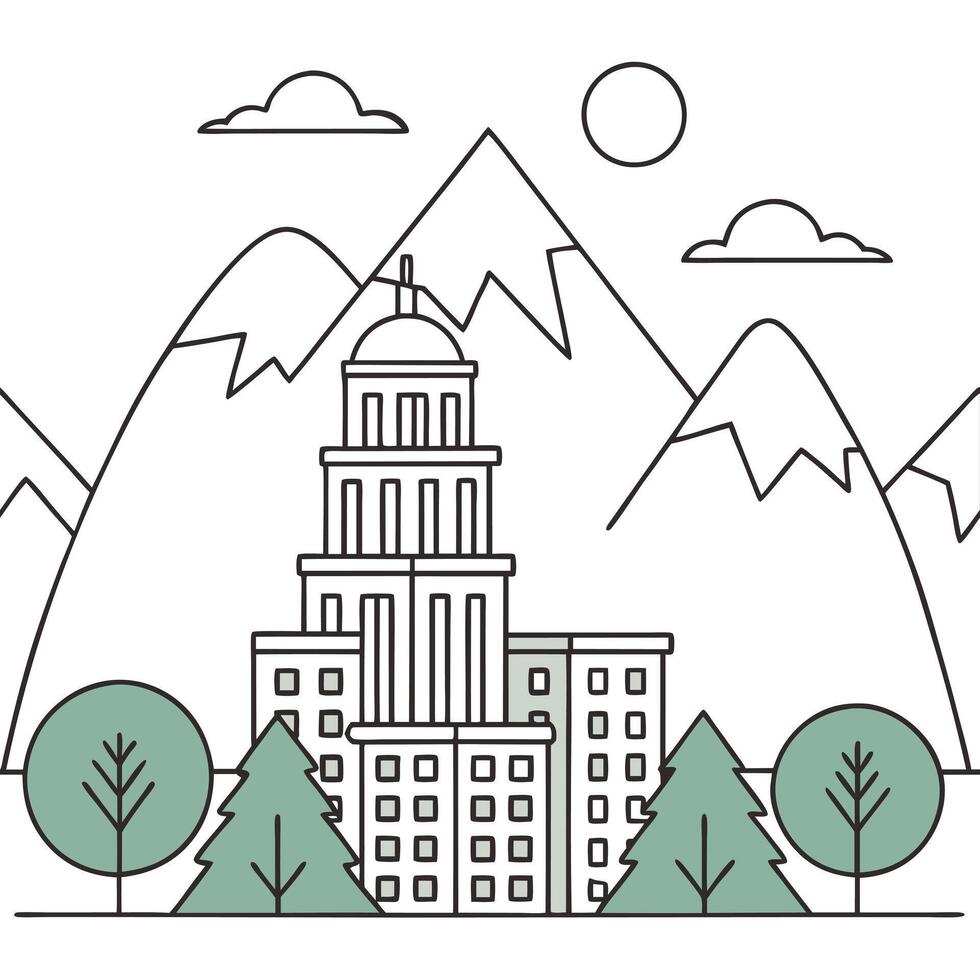 Flat Cityscape blending into mountain range with copy space concept as A glossy image where a cityscape seamlessly blends into a mountain range on a plain background symbolizing ha flat vector