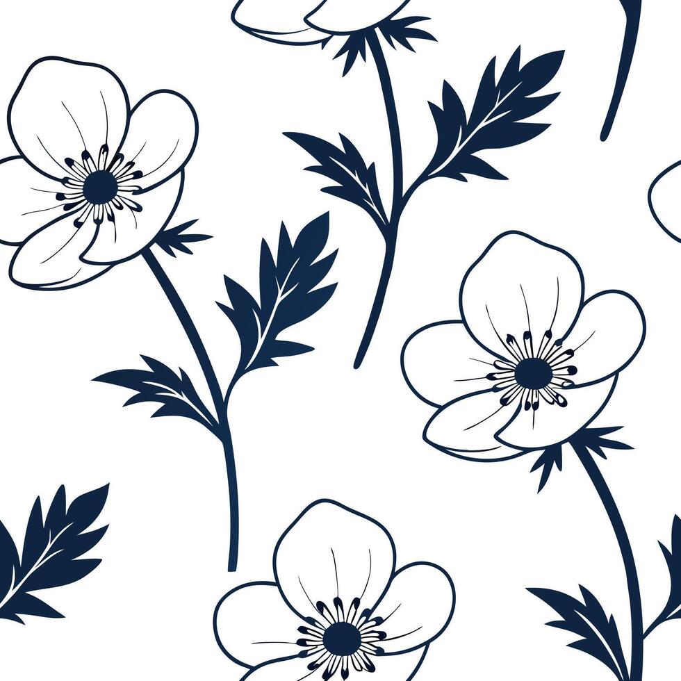 Flat Classic embroidered Anemone seamless pattern with rich textures on white concept as Textured embroidered style Anemone flowers creating classic seamless pattern ideal for trad flat vector