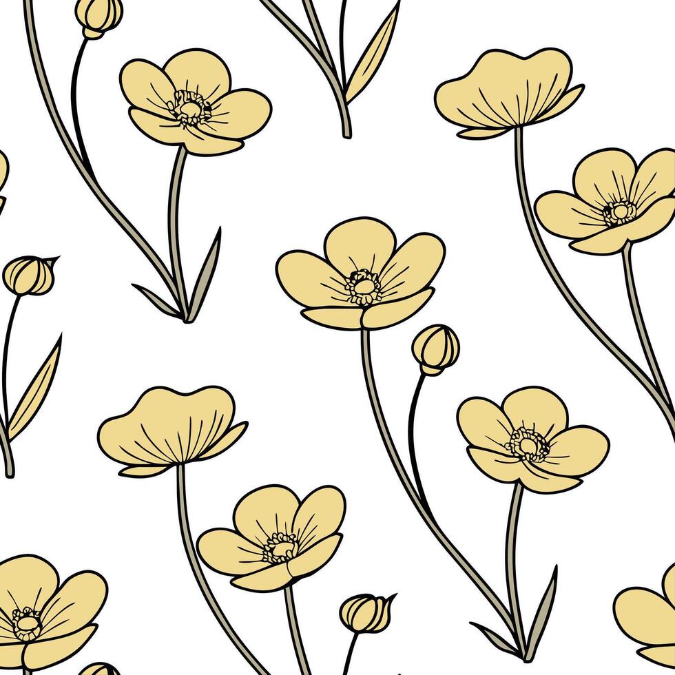 Flat Classic embroidered buttercup seamless pattern with textured details on white concept as Textured embroidered style buttercups creating a classic seamless pattern ideal for tr flat Set 2 vector
