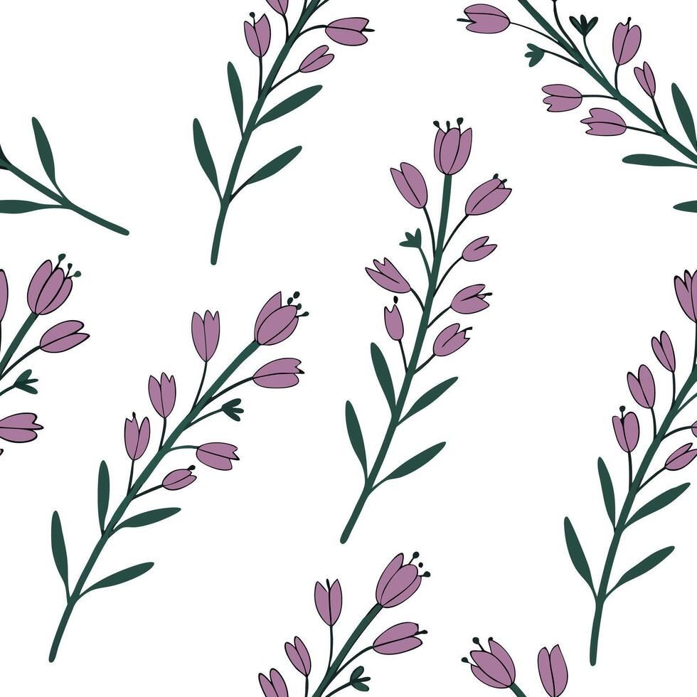 Flat Classic embroidered heather seamless pattern with rich textures on white concept as Textured embroidered style heather flowers creating classic seamless pattern ideal for trad flat vector