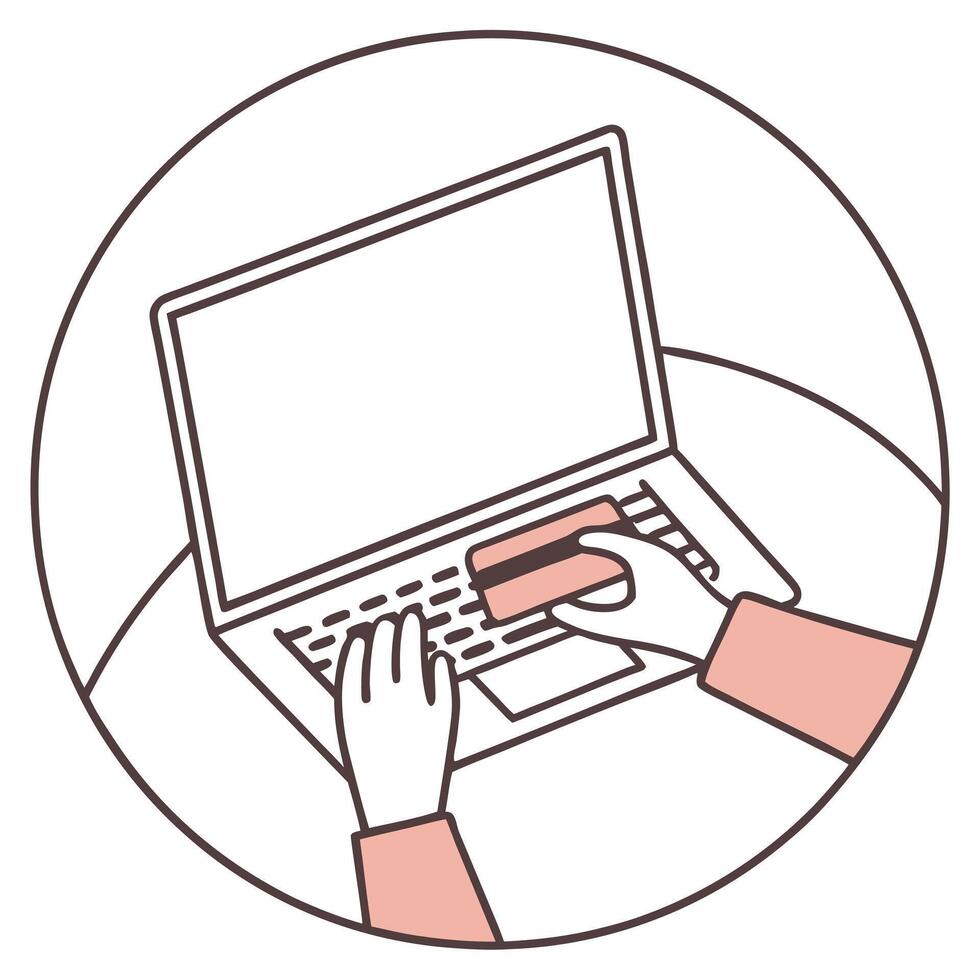 Flat Close up hand using laptop and holding credit card on bed symbolizes convenience and accessibility in online shopping concept as Highlights the simplicity of e commerce and s flat vector
