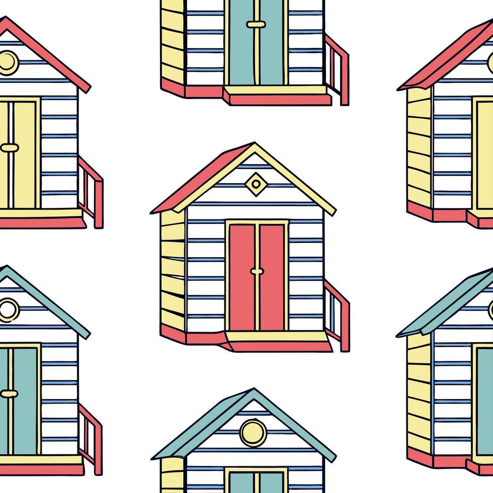 Flat Coastal beach huts seamless tile pattern with vibrant colors and beach house atmosphere concept as Colorful coastal beach huts create a fun vibrant seamless tile pattern full flat vector