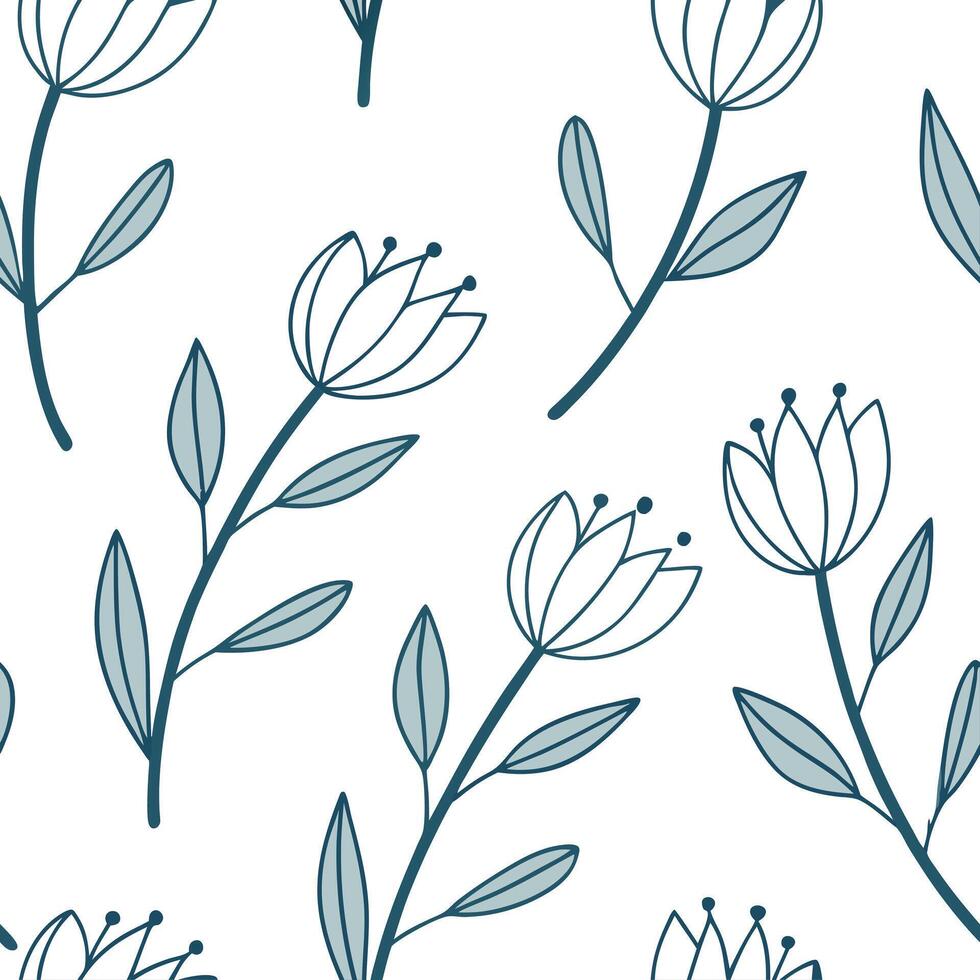 Flat Coastal tulip seamless tile pattern with airy tulips and light blue accents on white background ideal for beach inspired rooms concept as Airy tulips and light blue accents on flat vector