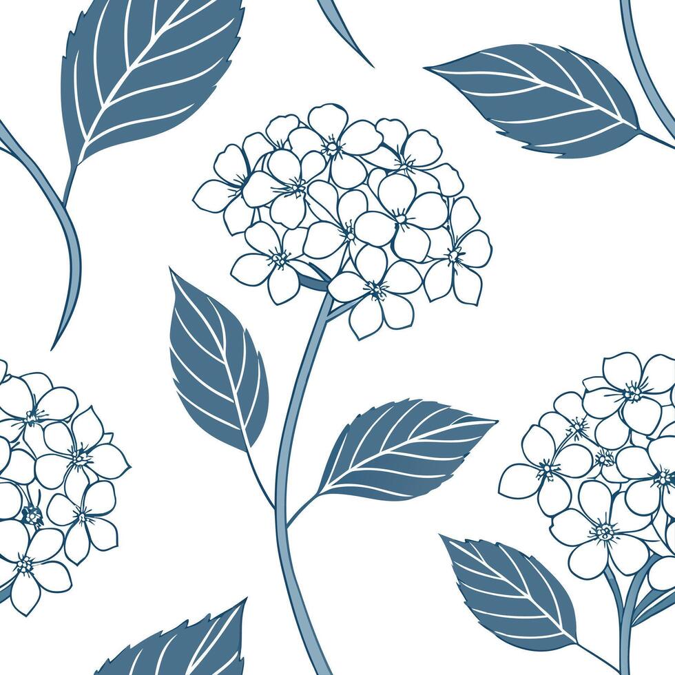 Flat Coastal hydrangea seamless tile pattern with airy hydrangeas and light blue accents on white background ideal for beach inspired rooms concept as Airy hydrangeas and light blu flat vector