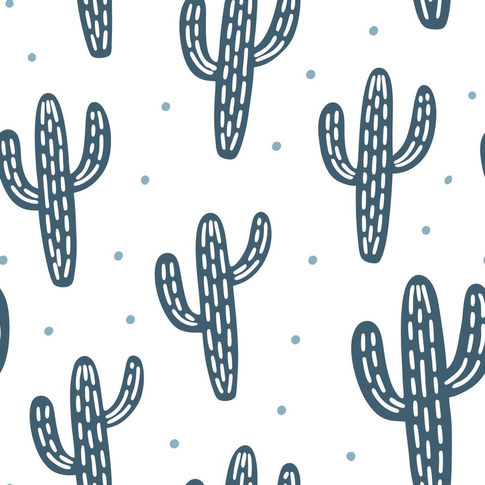 Flat Coastal cactus seamless tile pattern with airy cactus and light blue accents on white background ideal for beach inspired rooms concept as Airy cactus and light blue accents o flat vector