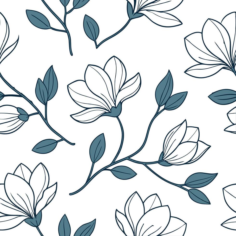 Flat Coastal magnolia seamless tile pattern with airy magnolias and light blue accents on white background ideal for beach inspired rooms concept as Airy magnolias and light blue a flat vector