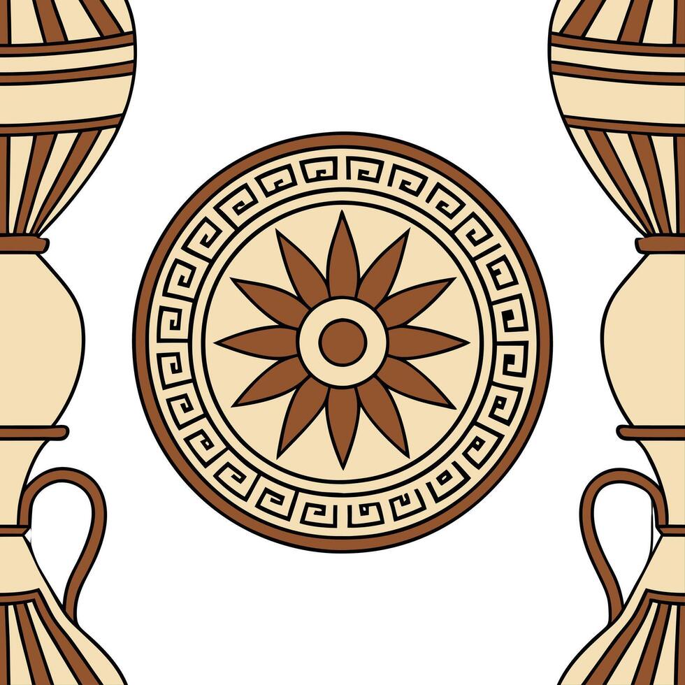 Flat Combine Greek ancient pottery designs with modern tiles patterns using earth tones and mythological figures concept as Focus on merging mythology with design by creating moder flat vector