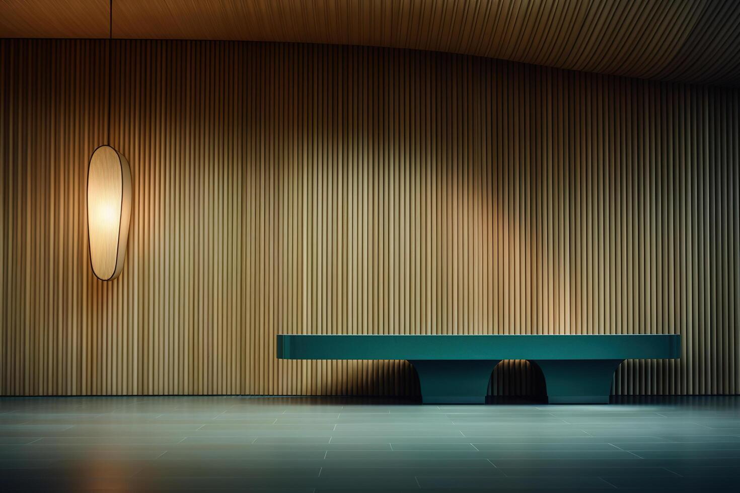 A bench in a room with a wall and light photo