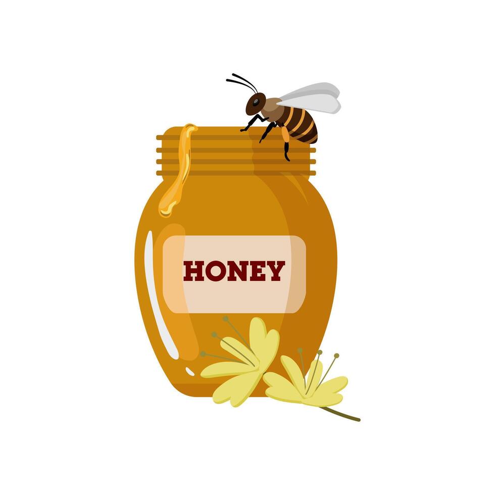 Honey jar with bee and golden honey. vector