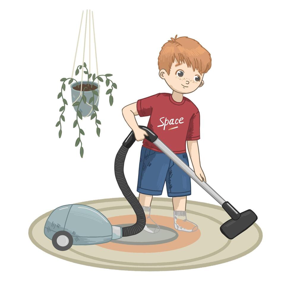 Boy Vacuuming Floor vector