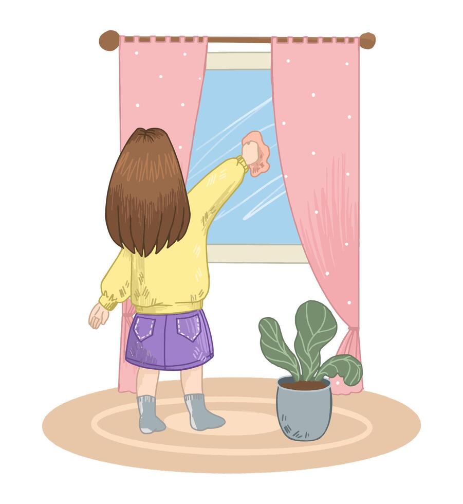 Girl Cleaning Window vector