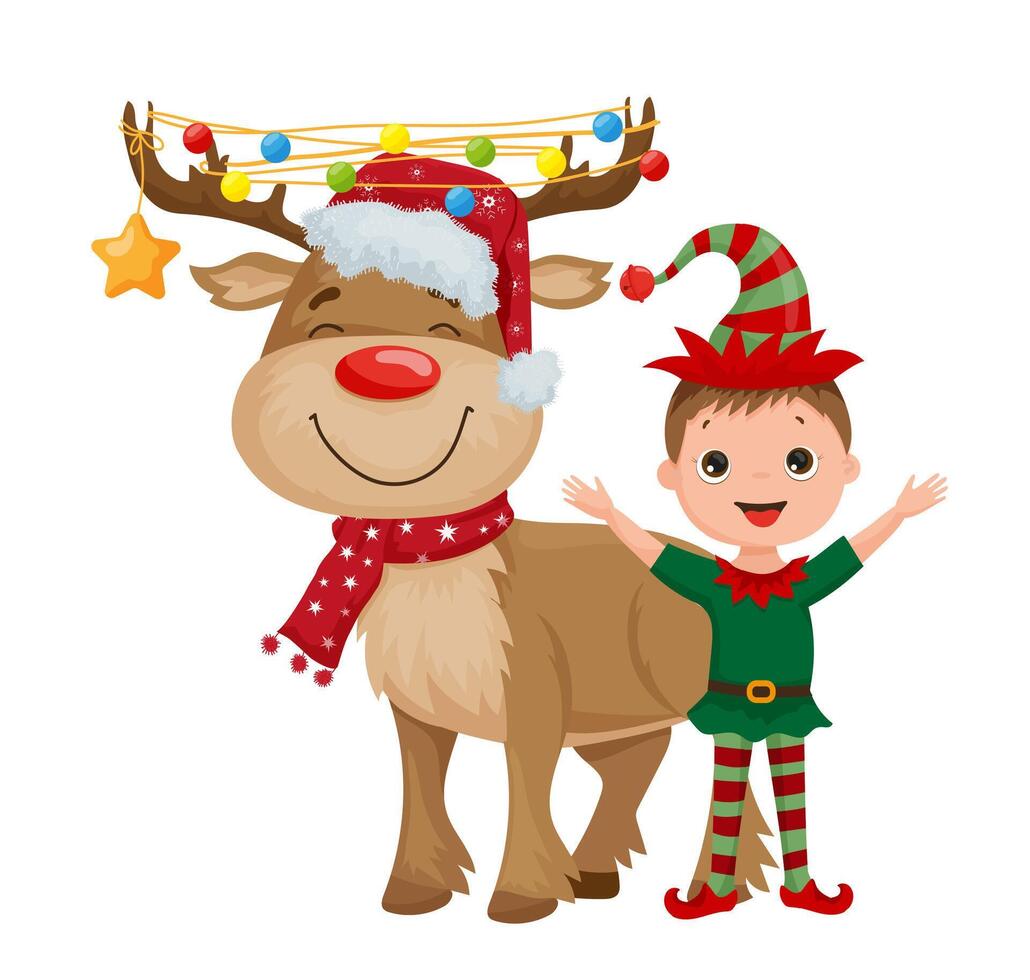 Reindeer And Boy Elf vector