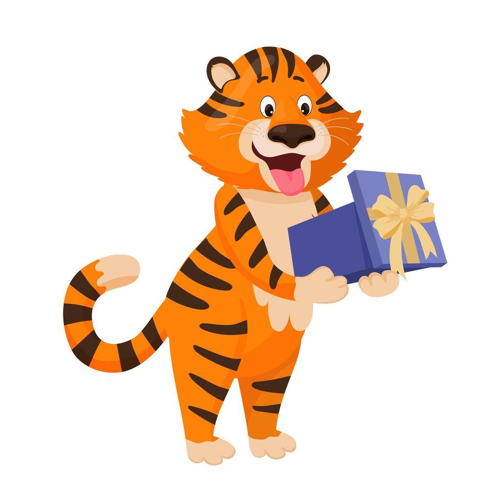 Cute tiger holding a gift box with a golden bow vector