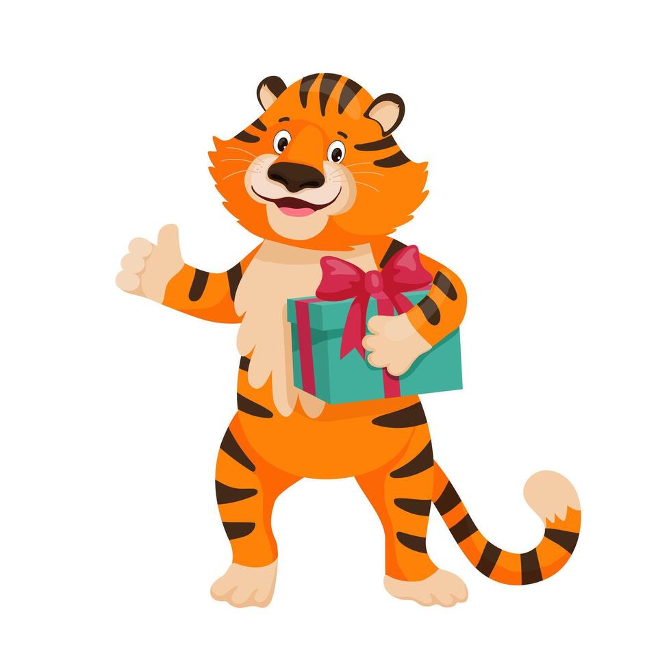 Tiger holding a gift box with a red ribbon. vector
